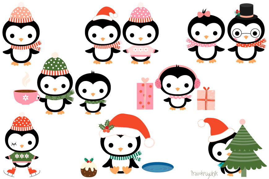 Christmas penguins clipart set, Cute penguin clip art.