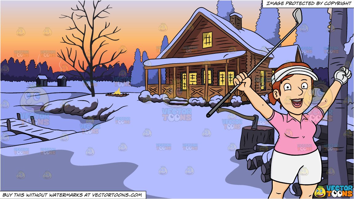 A Female Golfer Rejoices After Putting The Golf Ball Into The Hole and  Winter Lake House Background.