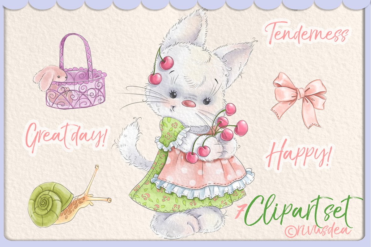 Cute baby girl kitten clipart set.