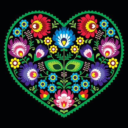 Polish folk art art heart with flowers Clipart Image.