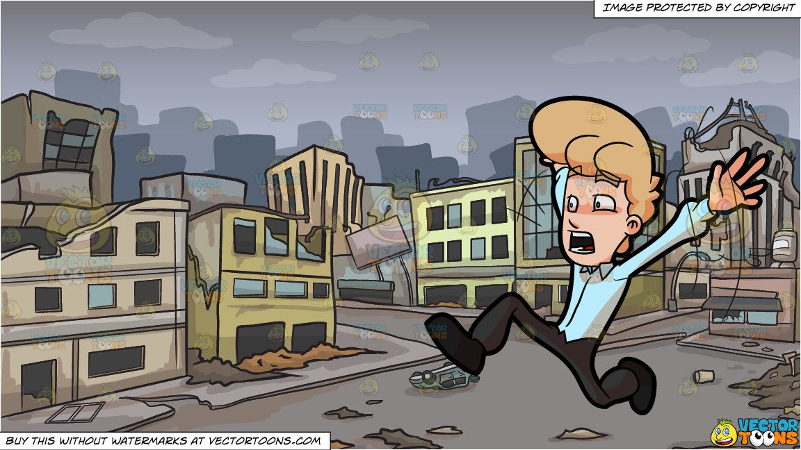 A Man Running Away From Something That Scared Him and A Ghost City After A  Disaster Background.