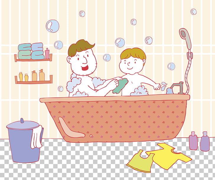 Bathing Bathtub Shower, Father and son take a bath together.