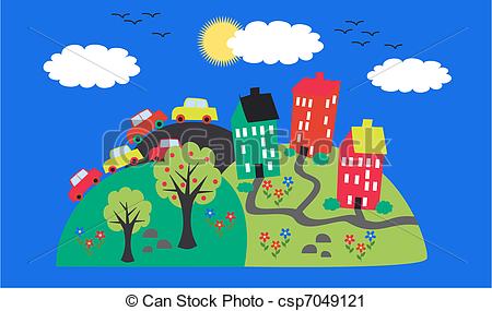 Vector Clip Art of a friendly town on a hill csp7049121.