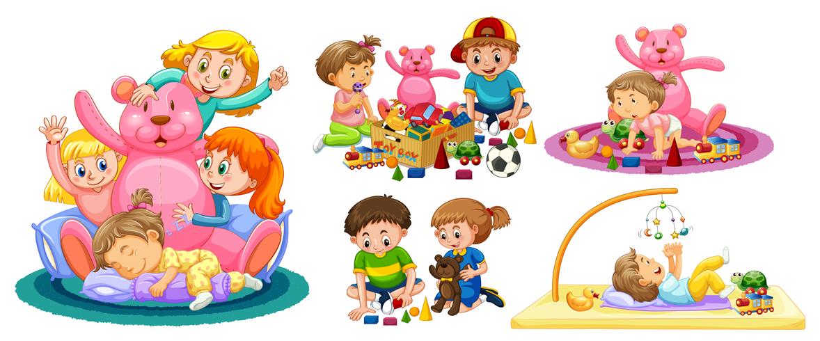 Kids Playing with Toys on White Background.