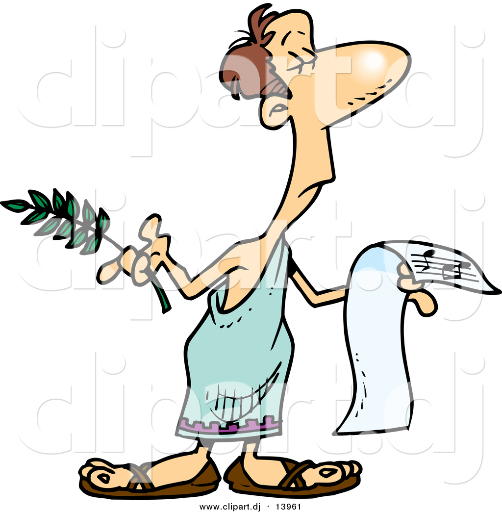 Cartoon Vector Clipart of a White Man in a Toga, Holding.