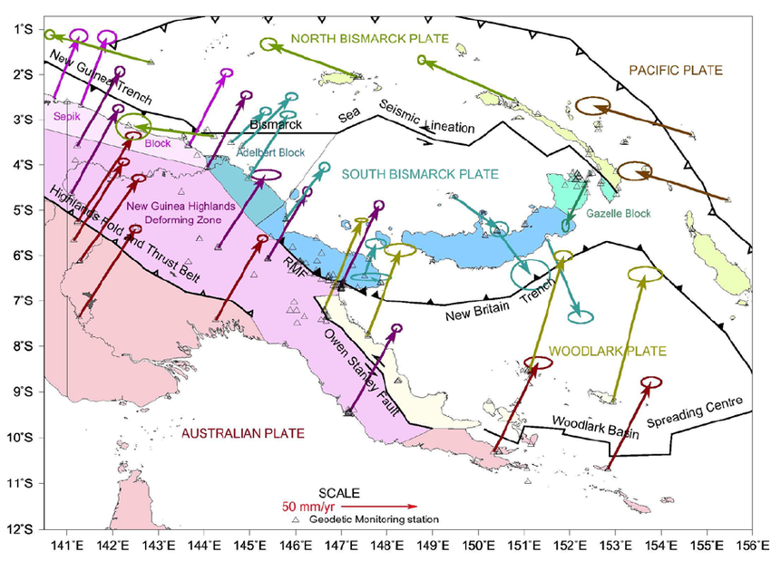 The tectonic setting in PNG, showing plate boundaries & ITRF.