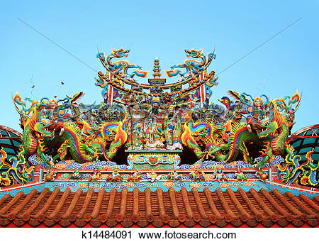 Stock Photography of Chinese temple roof tile with dragon.