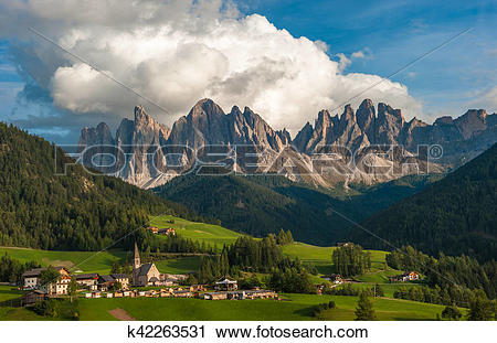 Stock Photography of Santa Maddalena Village and the Dolomites.