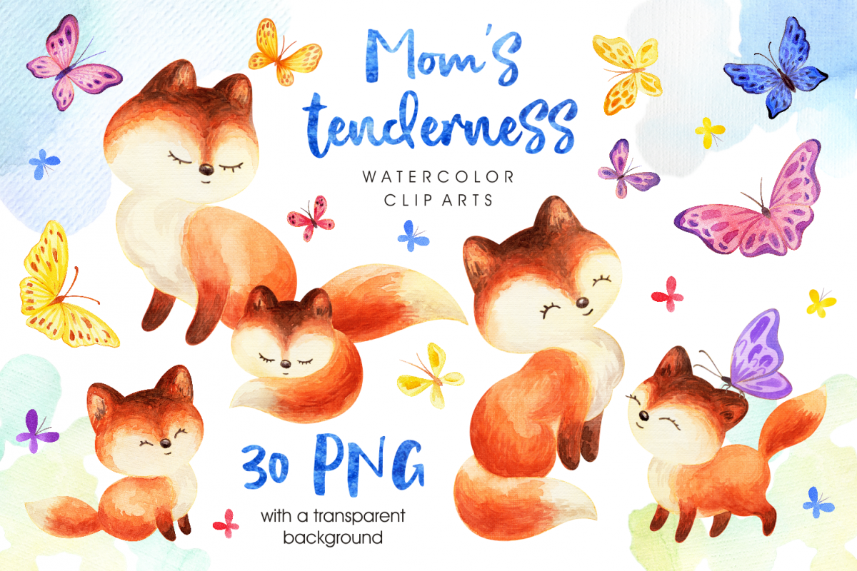 Moms tenderness. Watercolor foxes and butterflies.