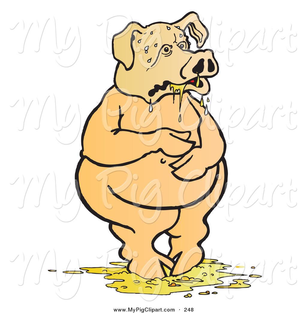 Swine Clipart of a Nauseated Pig Standing in Throw up by.