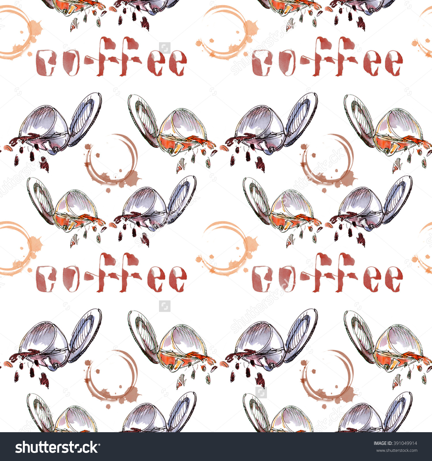 Watercolor Seamless Pattern Of The Teacoffee Cup Thrown Down And.