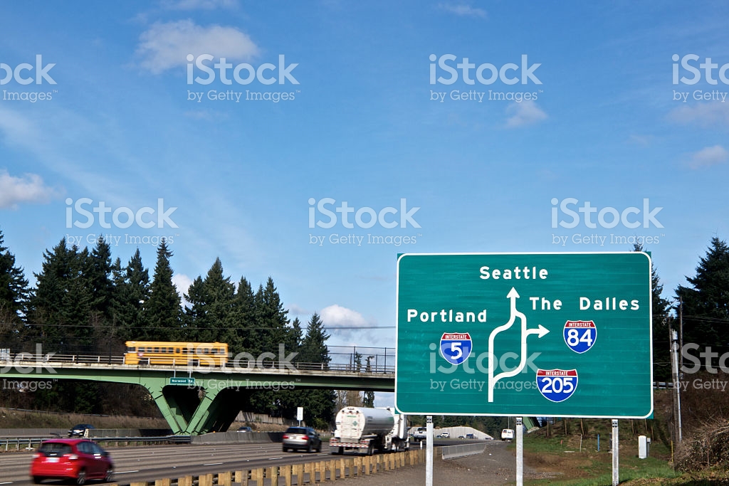 Road Sign I5 Traffic I205 I84 Portland Seattle The Dalles stock.