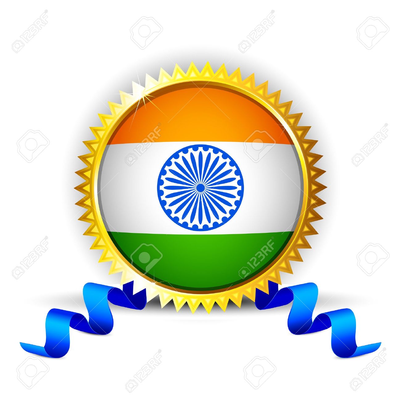 Illustration Of India Tricolor Flag In Badge With Golden Frame.