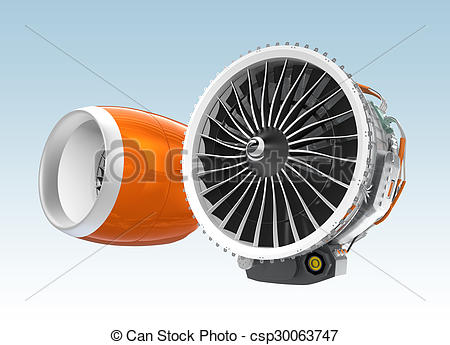 Drawing of Two Jet turbofan engines isolated on blue background.