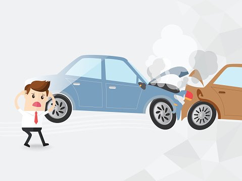 businessman driver shocked auto accident two cars, Clipart.