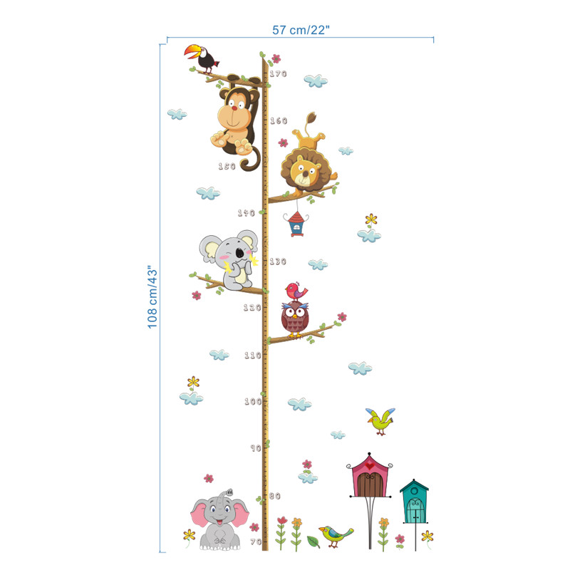 Cartoon Animals Lion Monkey Owl Elephant Height Measure Wall.