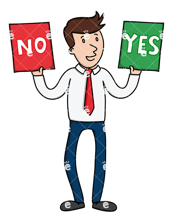 A Businessman Holding Up Yes And No Signs While Standing.