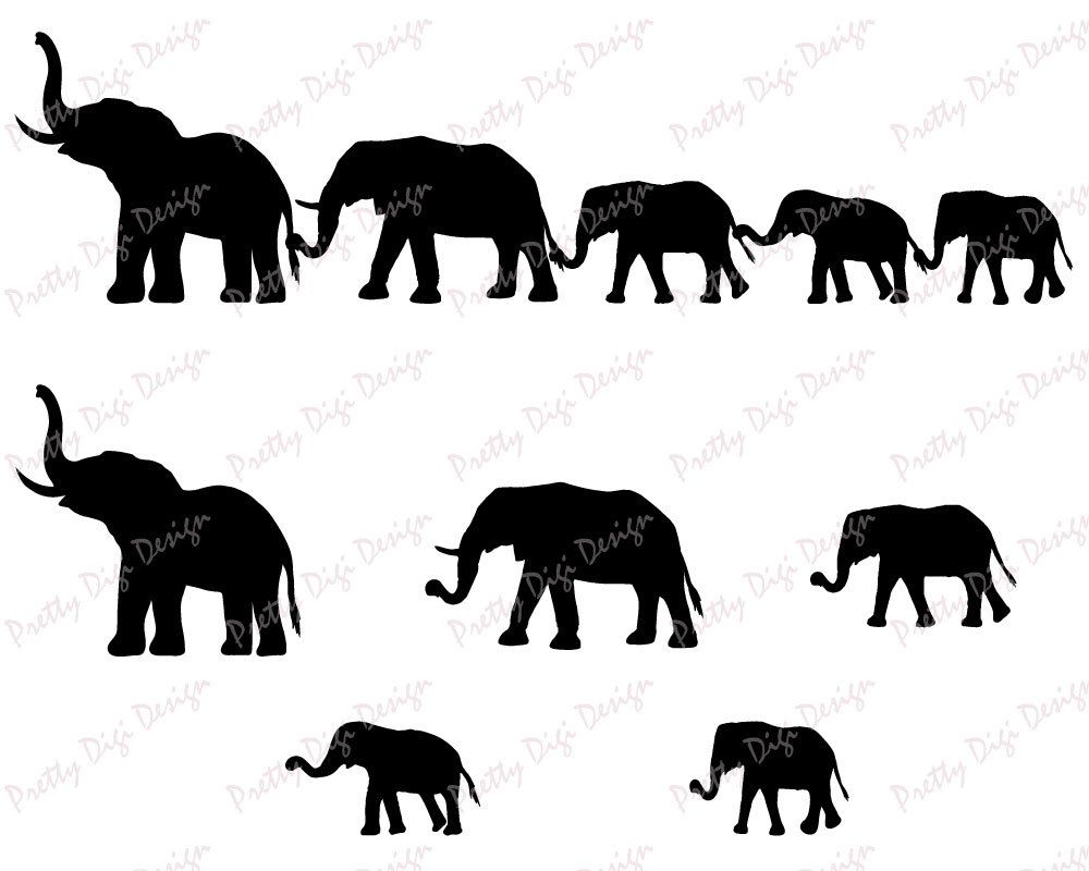 Digital Elephant family holding tails clipart, Elephant eps.