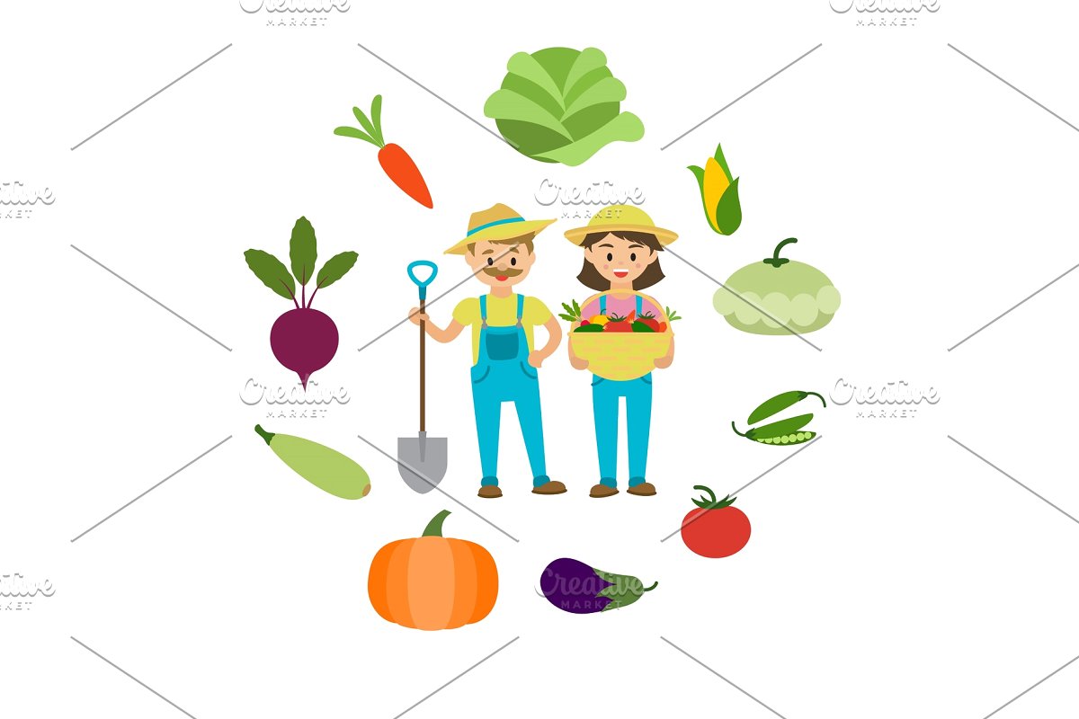 Farm vegetables and farmers family.