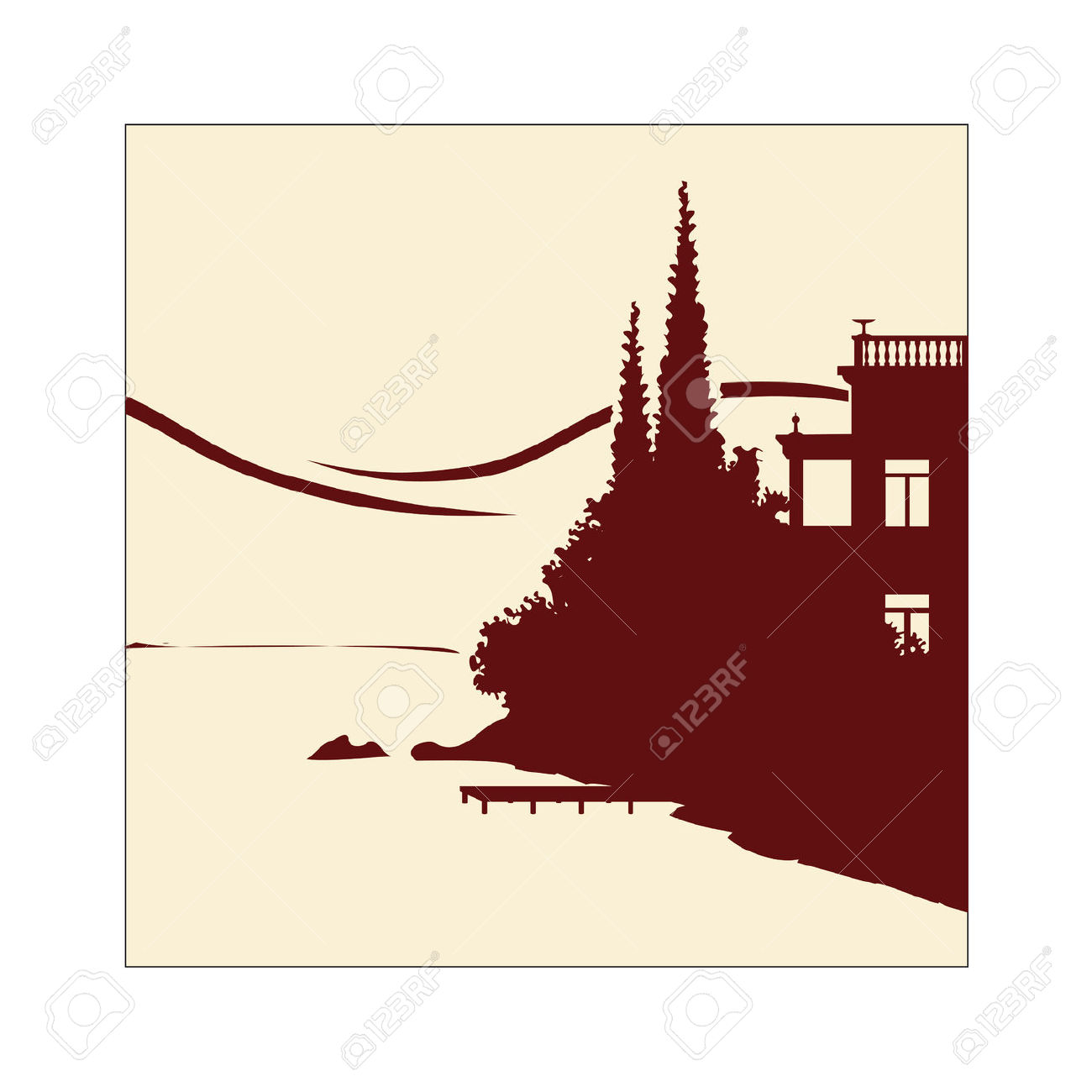 Handmade Illustration Of An Old Villa At The Lakeside Royalty Free.