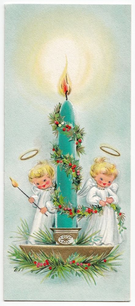 Vintage Greeting Card Christmas Tiny Angels Candle Blue.