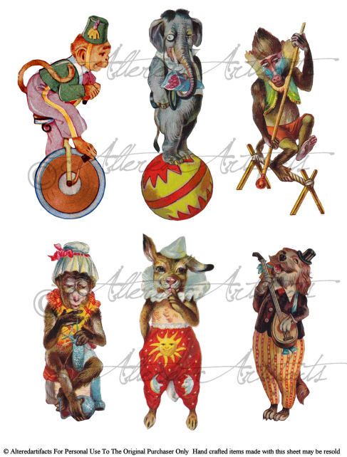 Printable Circus Anamal Preformer Puppet Vintage Paper.