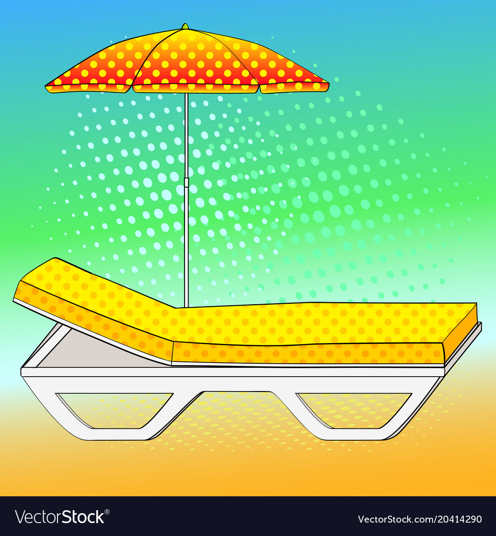 Deck chair under an umbrella on sandy beach comic.