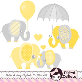 Yellow and Gray Elephant Clipart Set.