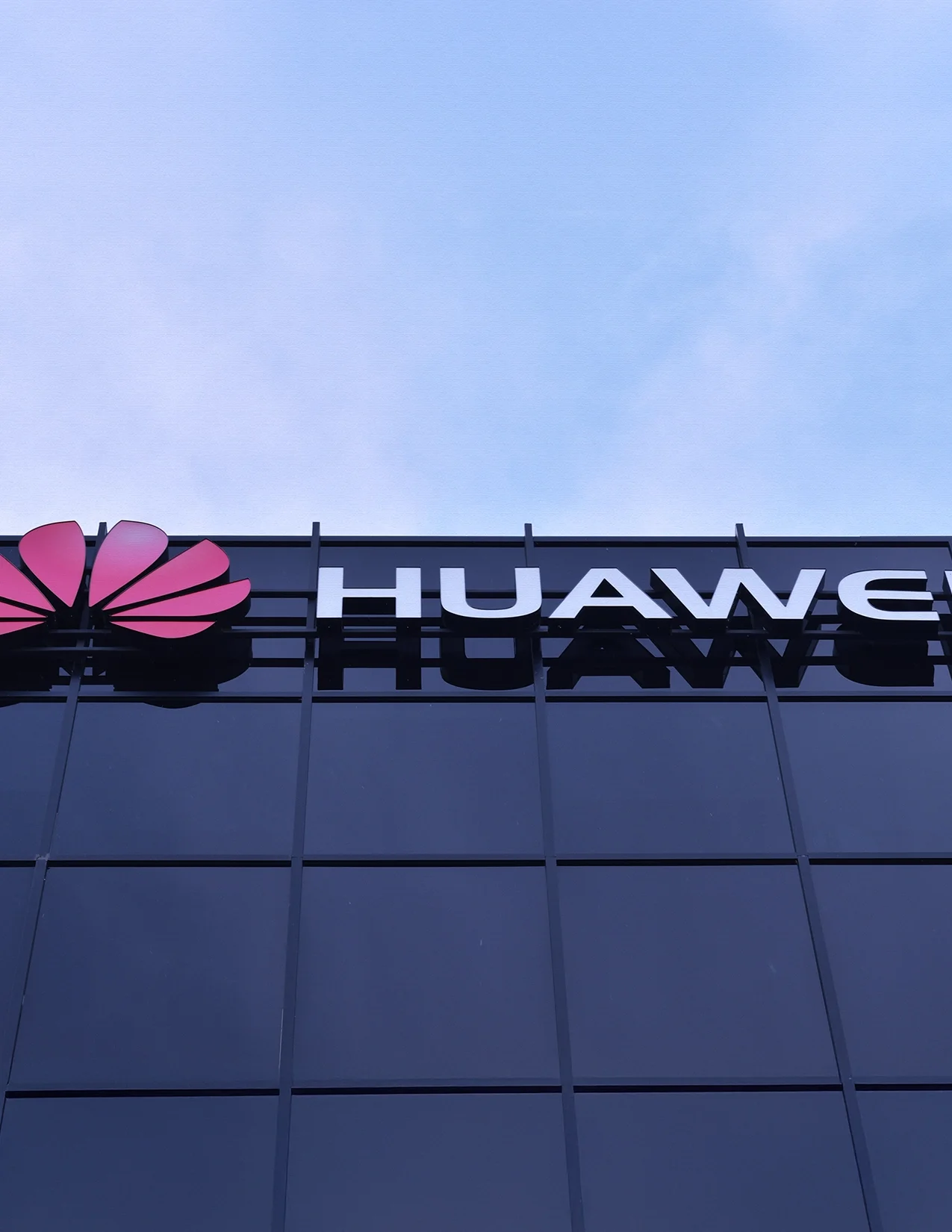 Close up image of a Huawei building