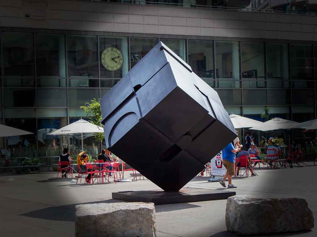 The Astor Cube (also known more properly as “Alamo”), sits in Astor Place , near the former location of NYU ’s Interactive Telecommunications Program ( ITP ) on Broadway in Manhattan. (Photograph by NicoARicoA via Wikipedia .)