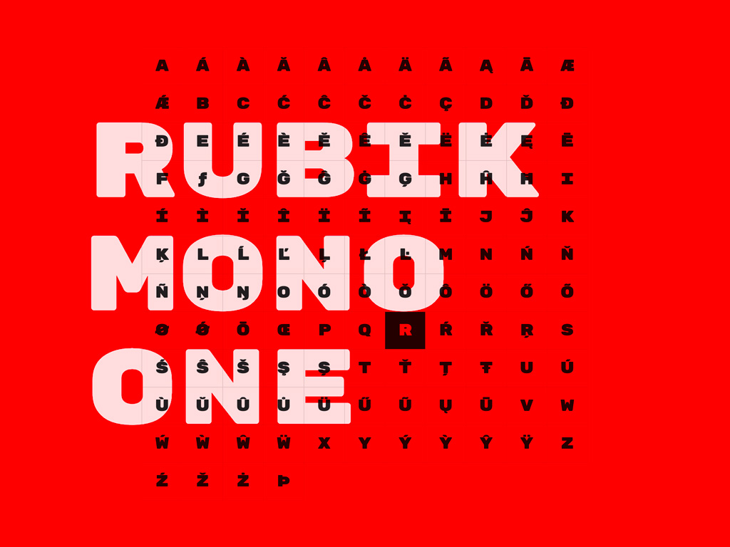 Typeface specimen for Philipp Hubert ’s Rubik Mono One .