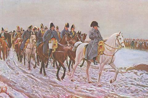 Napoleon on a horse leading his army through snow