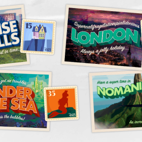 Set of four postcard designs and four patch designs displayed on a white background. They depict colorful designs inspired by Up, The Little Mermaid, Mary Poppins and The Incredibles.