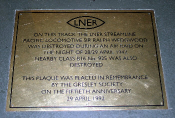 Plaque at York marking location of A4 Sir Ralph Wedgwood when destroyed during air raid.