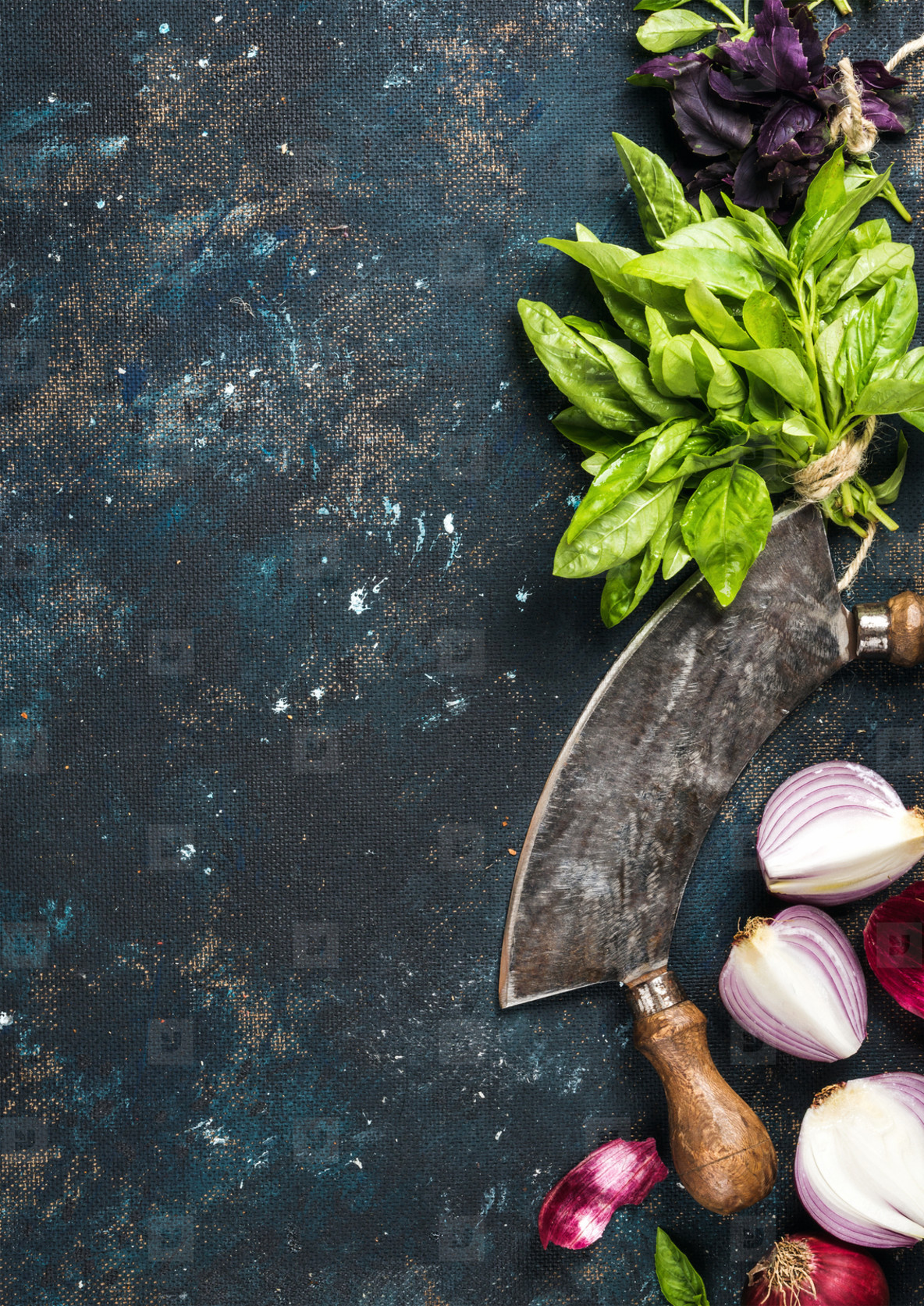 Healthy food cooking background over dark blue painted plywood texture  stock photo (126865) - YouWorkForThem