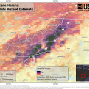 Map of the Hurricane Helene landslide hazard estimates with the highest hazard being around the mountains.