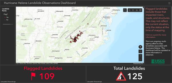 Screenshot of the Hurricane Helene Landslide Observations Dashboard on 10/2/2024 showing 109 flagged landslides and 125 total