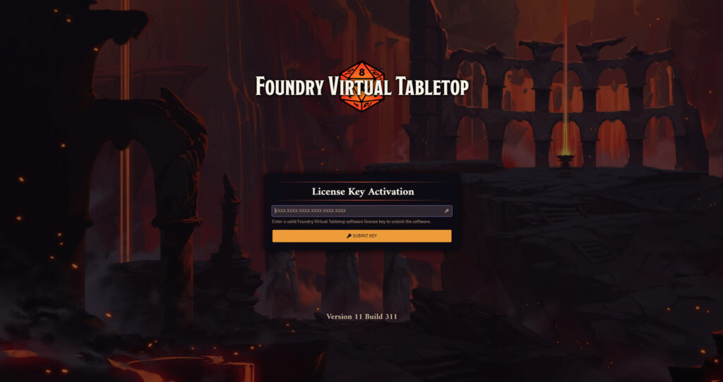 Screenshot showing FoundryVTT requesting a license key.
