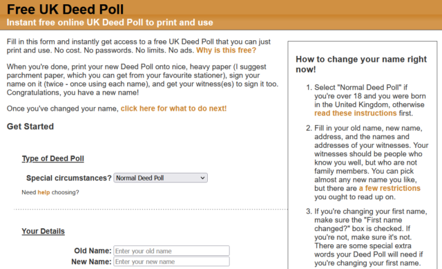 Screenshot showing freedeedpoll.org.uk