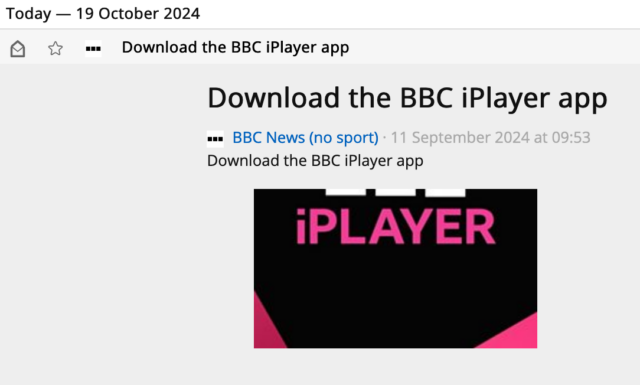 Screenshot from a web-based RSS reader, showing an item "Download the BBC iPlayer app"