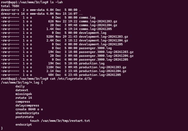 Terminal screenshot showing a directory listing of a logs directory with several gzipped logfiles with different date-stamped suffixes, and the contents of the logrotate configuration file that produced them.