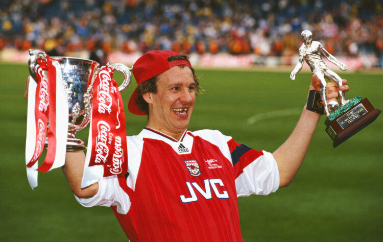 LONDON, UNITED KINGDOM - APRIL 18: Arsenal player Paul Merson with the League Cup and man of the match trophy after the 1993 Coca-Cola Cup Final be...