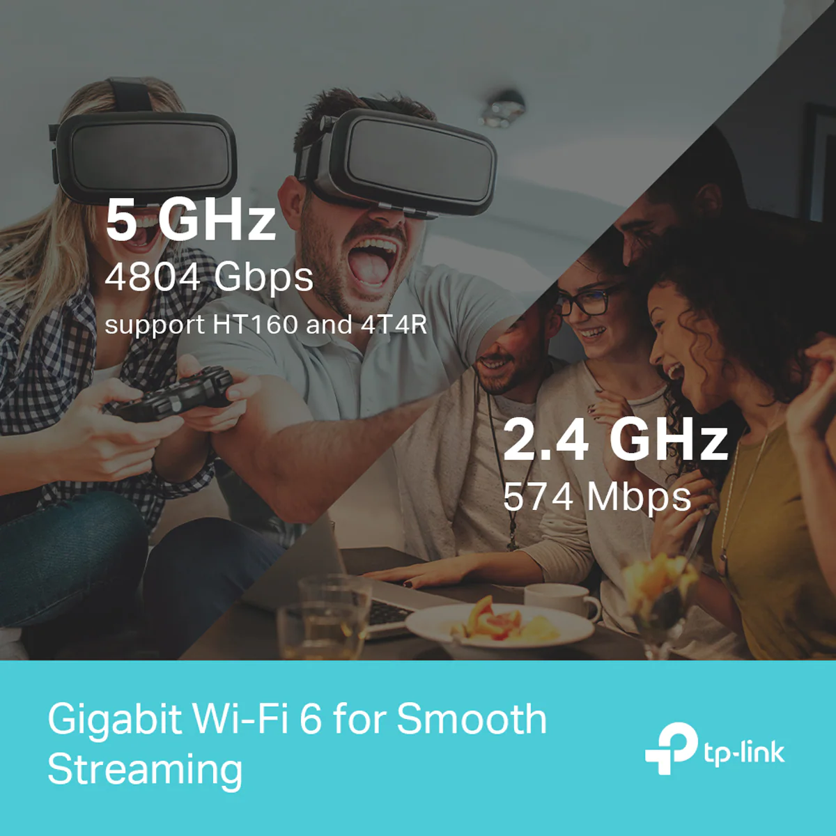 Router TP-Link Archer AX72 podporuje Wi-Fi 6, kdy se pyšní přenosovou rychlostí až 574 MB/s v 2,4GHz pásmu a až 4 804 MB/s ve 5GHz pásmu.