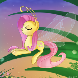 Size: 500x500 | Tagged: safe, artist:isa-isa-chan, fluttershy, breezie, g4, it ain't easy being breezies, my little pony: friendship is magic, breeziefied, eyes closed, female, flutterbreez, grass, hilarious in hindsight, mare, smiling, solo, species swap