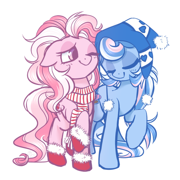 Size: 2200x2200 | Tagged: safe, artist:hawthornss, marshmellow coco (g3), snow'el, earth pony, pony, g3, cute, eyes closed, featured image, female, g3betes, high res, lesbian, marshabetes, ship:marsh'el, shipping, snow'adorable, wink