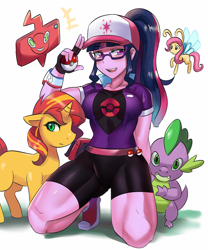 Size: 800x960 | Tagged: safe, artist:tzc, fluttershy, sci-twi, spike, sunset shimmer, twilight sparkle, breezie, dragon, pony, unicorn, equestria girls, g4, anime, breasts, breeziefied, busty twilight sparkle, clothes, converse, crossover, digital art, female, flutterbreez, glasses, pokémon, pokémon trainer, rotomdex, shoes, smiling, species swap, thighs, thunder thighs