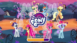 Size: 1920x1080 | Tagged: safe, gameloft, applejack, breezette, fluttershy, pinkie pie, rainbow dash, rarity, star breeze, twilight sparkle, breezie, g4, it ain't easy being breezies, my little pony: friendship is magic, applebreezie, breezie pie, breeziefied, female, flutterbreez, loading screen, mane six, mushroom, my little pony logo, rainbow breez, rarbreez, species swap, twilight breezie, video game