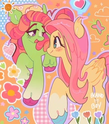 Size: 1440x1645 | Tagged: safe, artist:bland__boy, fluttershy, tree hugger, earth pony, pegasus, pony, g4, colored hooves, duo, female, flower, heart, lesbian, ship:flutterhugger, shipping