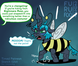 Size: 1000x850 | Tagged: safe, artist:furufoo, oc, oc only, oc:changeling filly anon, changeling, insect, g4, animal costume, bee costume, clothes, costume, dialogue, female, filly, foal, gradient background, halloween, holiday, implied queen chrysalis, solo