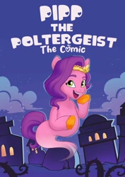 Size: 1131x1600 | Tagged: safe, artist:delilah1_riley, pipp petals, ghost, ghost pony, undead, comic:pipp the poltergeist, fanfic:pipp the poltergeist, g5, chubby, comic, comic cover, cover, cover art, fanfic art, female, graveyard, mare, night, night sky, outdoors, pipp is chubby, poltergeist, sky, solo